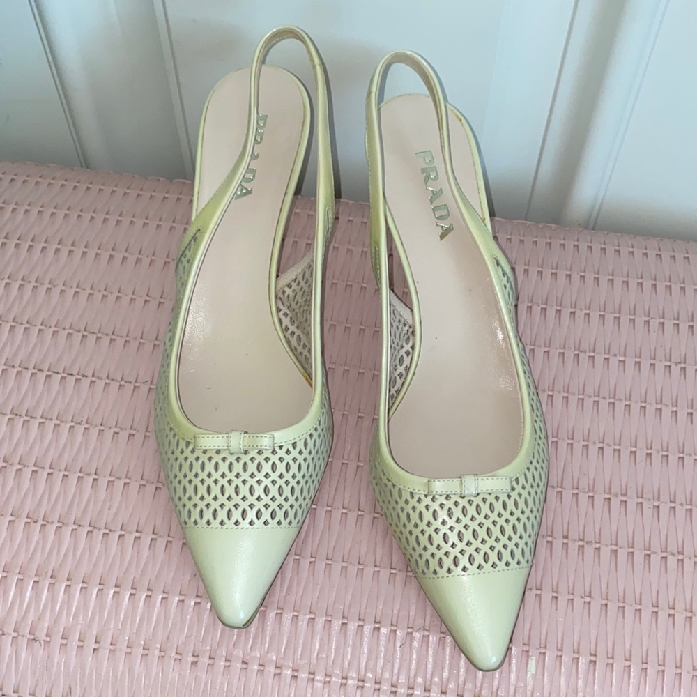 Prada-like Women's Cream Pointed Slingback Heels